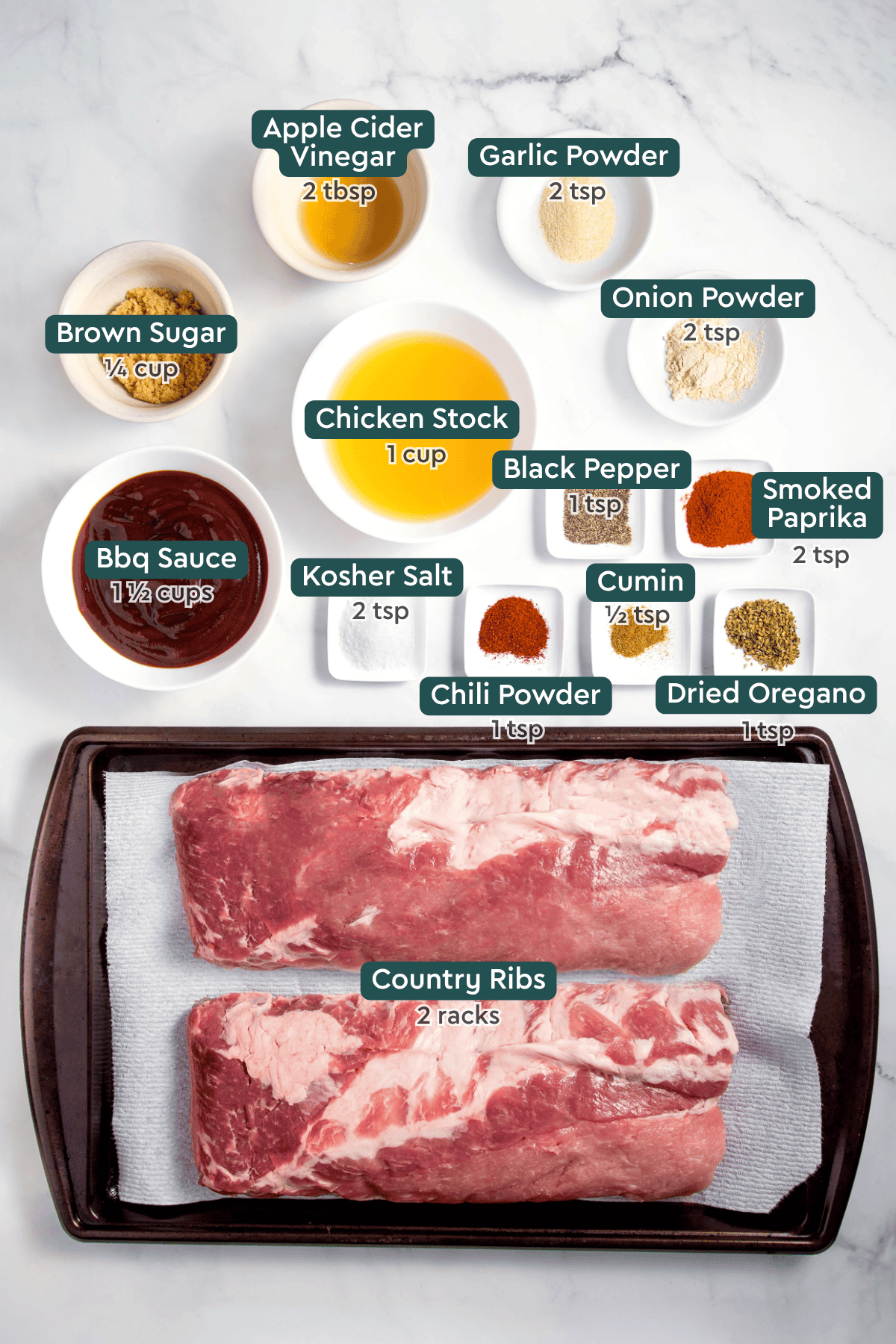 All of the ingredients for BBQ pork ribs in bowls on a white countertop.