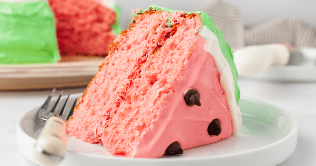 A slice of watermelon cake on a plate. 