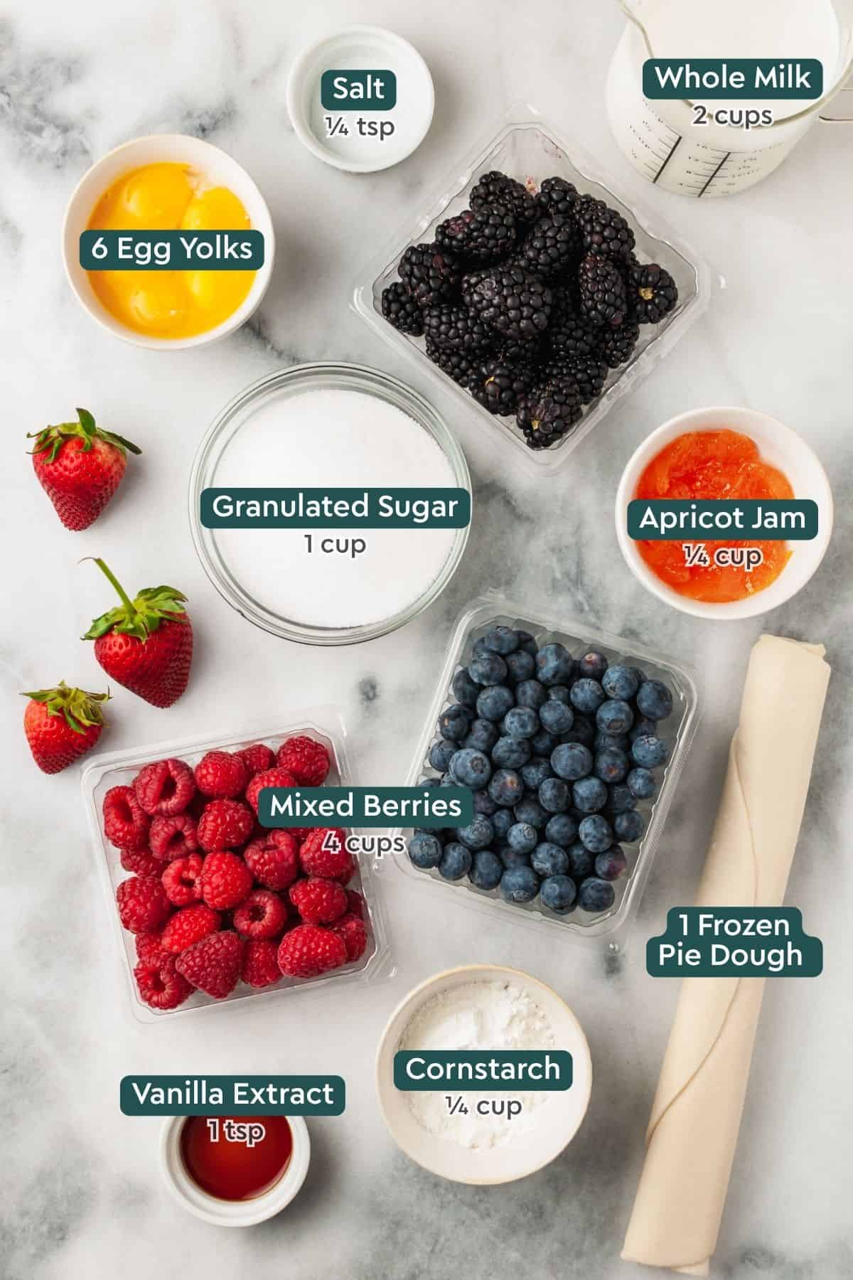 Ingredients for fresh fruit tart, including milk, salt, egg yolks, berries, sugar, jam, pie crust, cornstarch, vanilla.