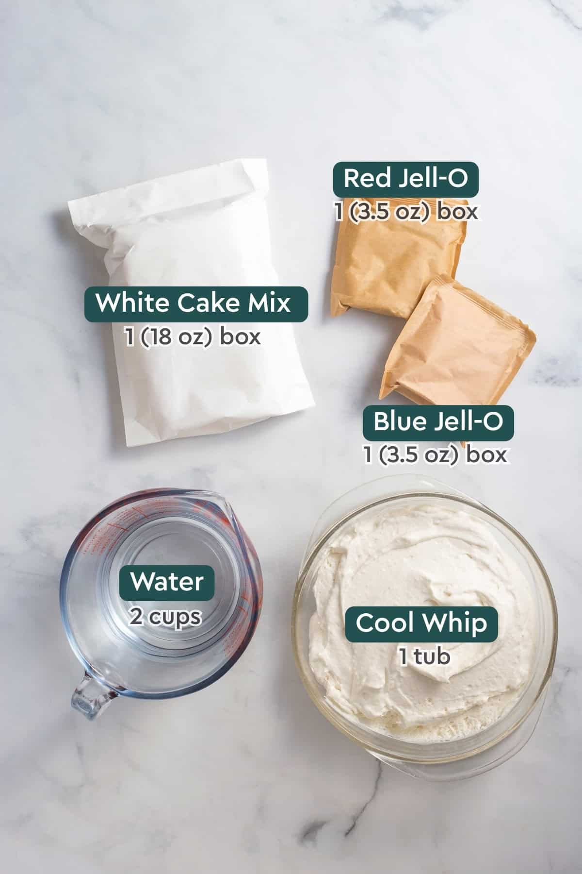 Ingredients for red white and blue poke cake, including jello, cake mix, cool whip, and water.