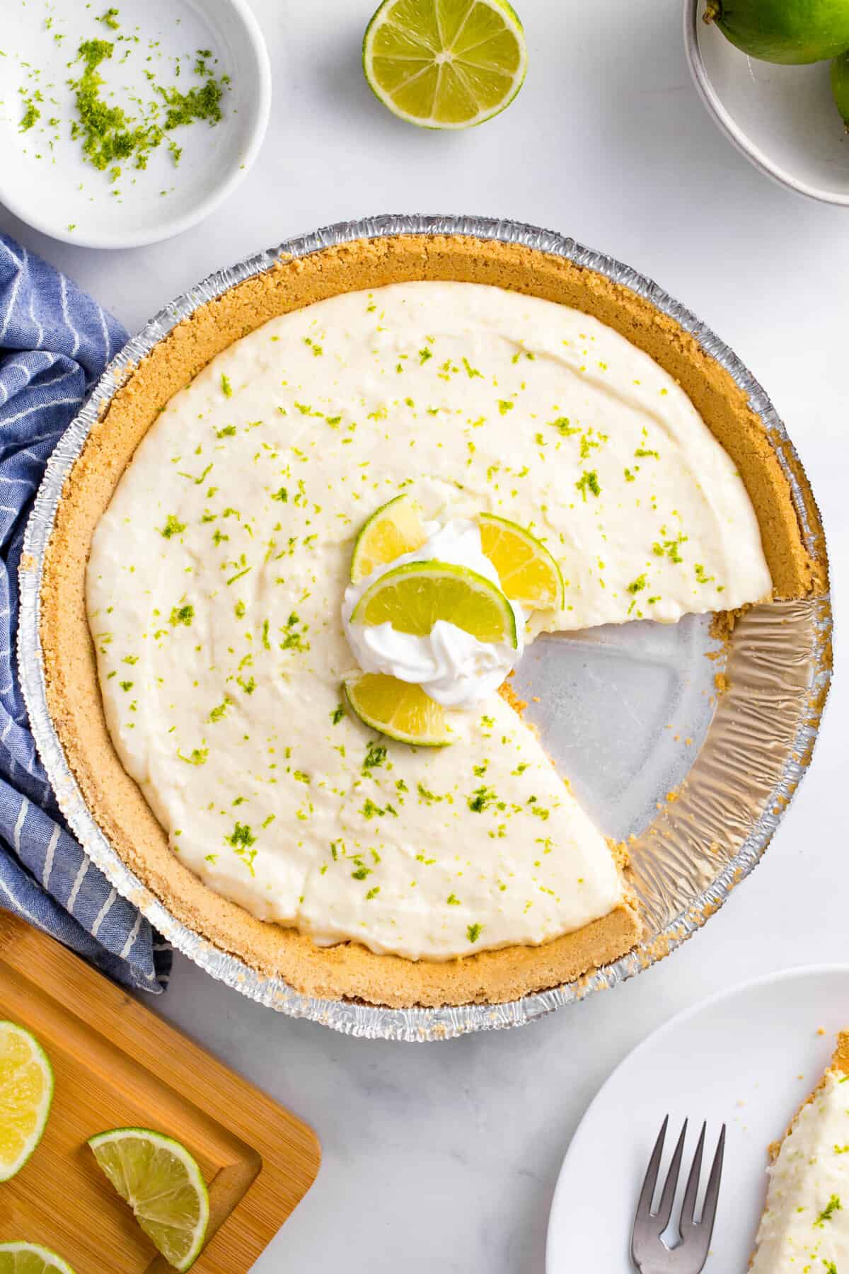 top down image of no bake key lime pie with a slice taken out