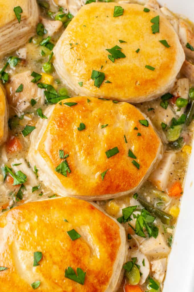 top down view of chicken pot pie casserole with biscuits 