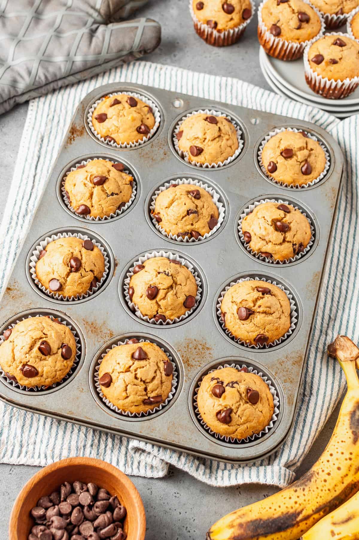 12 count muffin tin with baked peanut butter banana muffins