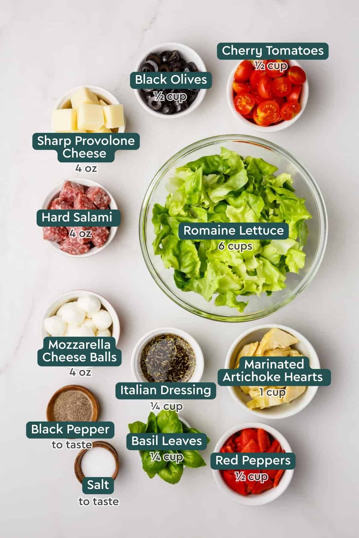 Ingredients for Italian antipasto salad, including cherry tomatoes, black olives, cheese, salami, lettuce, mozzarella, dressing, artichokes, red peppers, basil, salt, pepper.