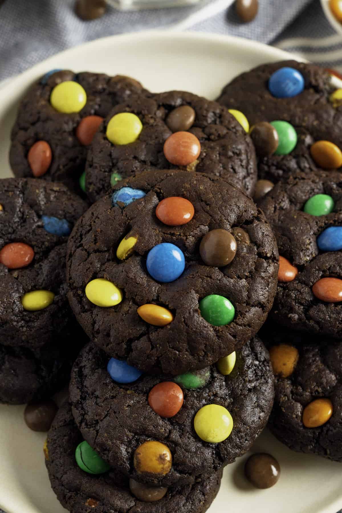 stack of chocolate m&m cookies