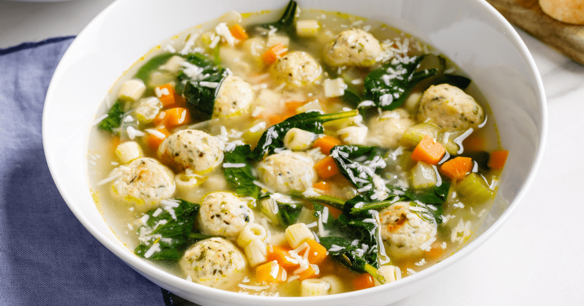 A bowl of Italian wedding soup.