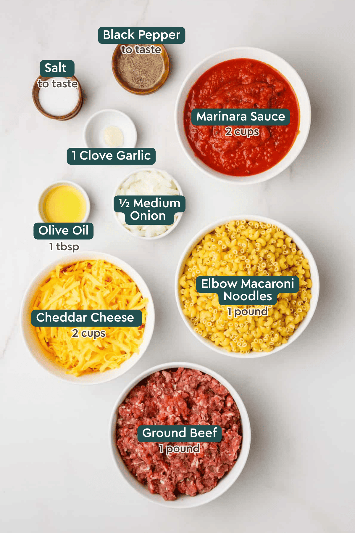 Ingredients for ground beef casserole, including salt, pepper, garlic, marinara, onion, oil, macaroni, cheese, ground beef.