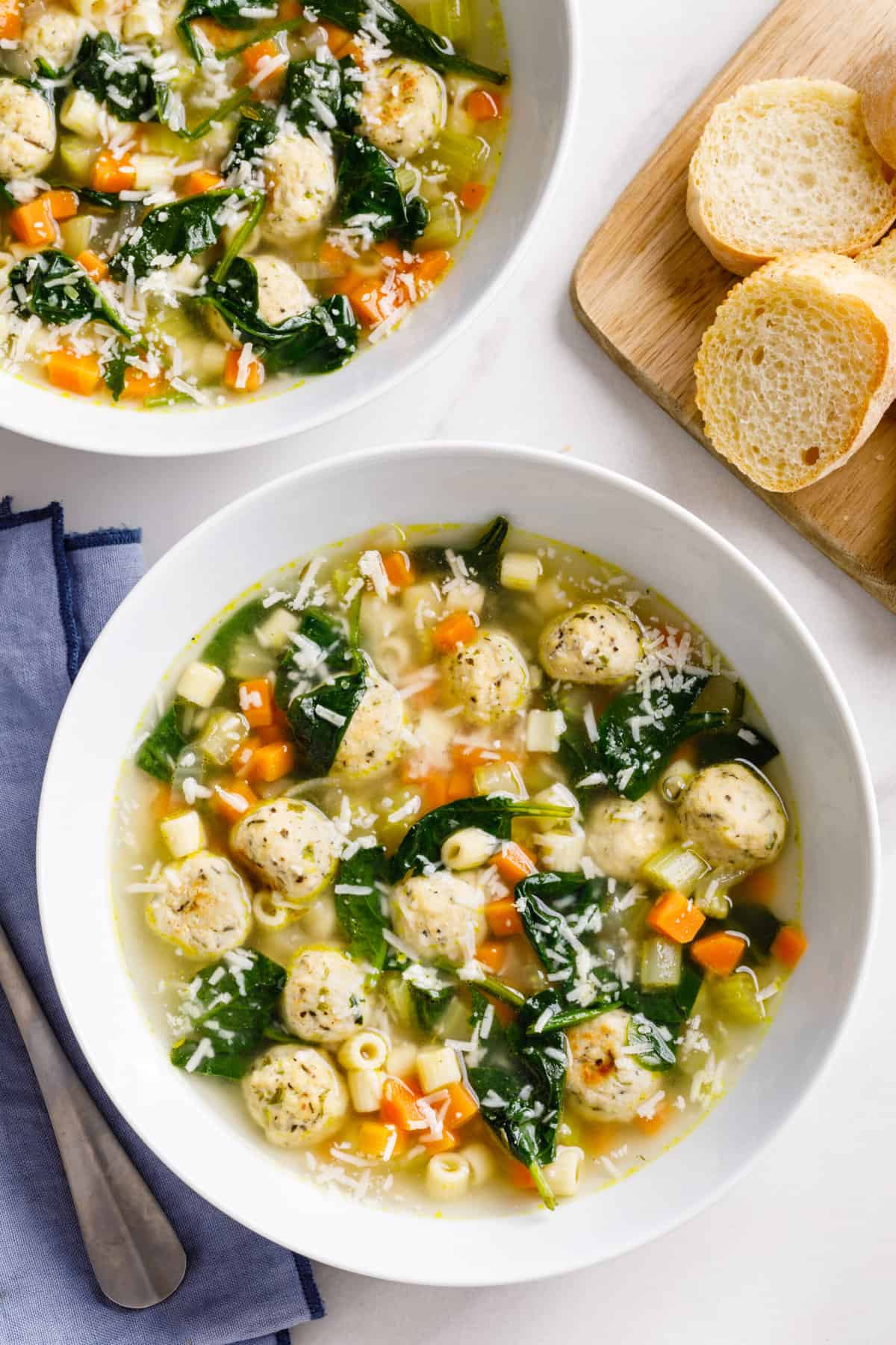 top down image of a bowl of italian wedding soup