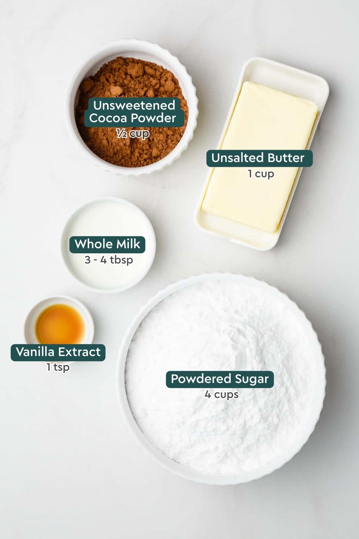 Ingredients for frosting for wacky cake, including butter, milk, vanilla, powdered sugar, cocoa powder.