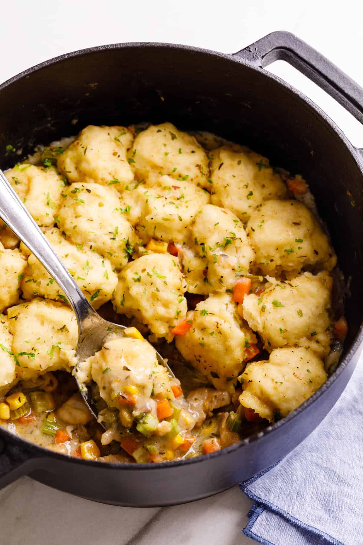 Close up image of chicken and dumplings in a cast iron pot.