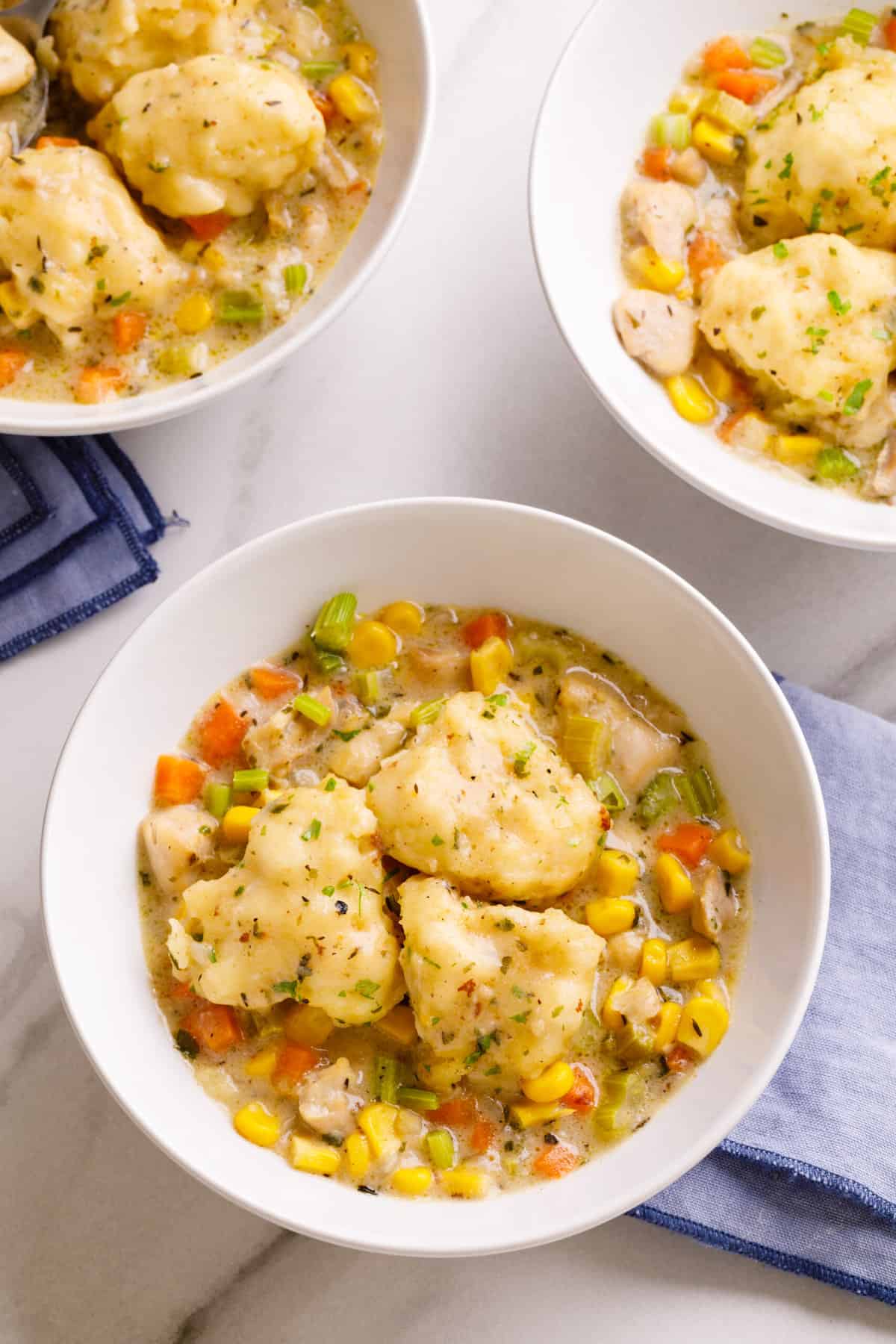 Top down image of a bowl of chicken and dumplings served in a white round bowl.
