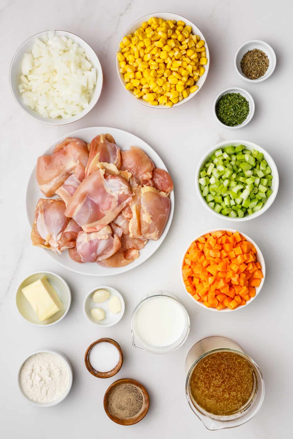 Ingredients to make chicken and dumplings.