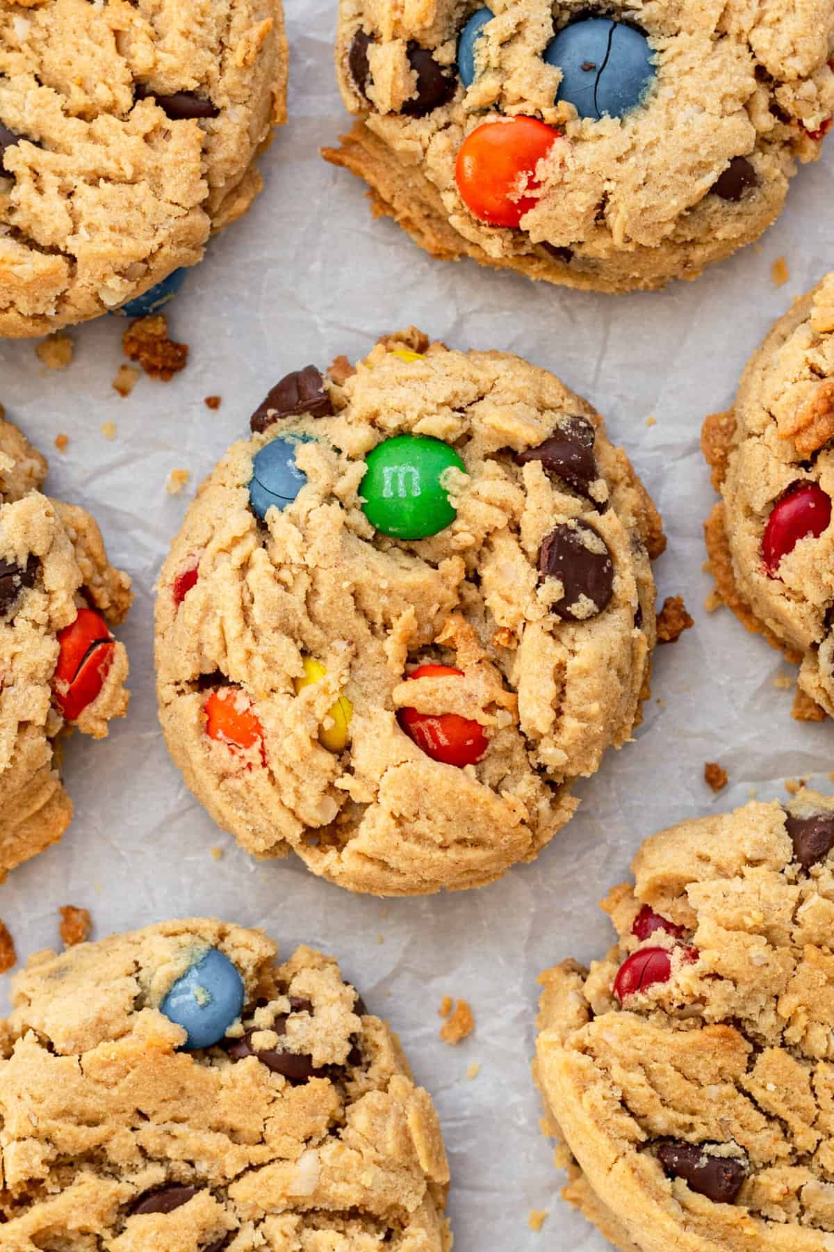 A top down close up image of a monster cookie.