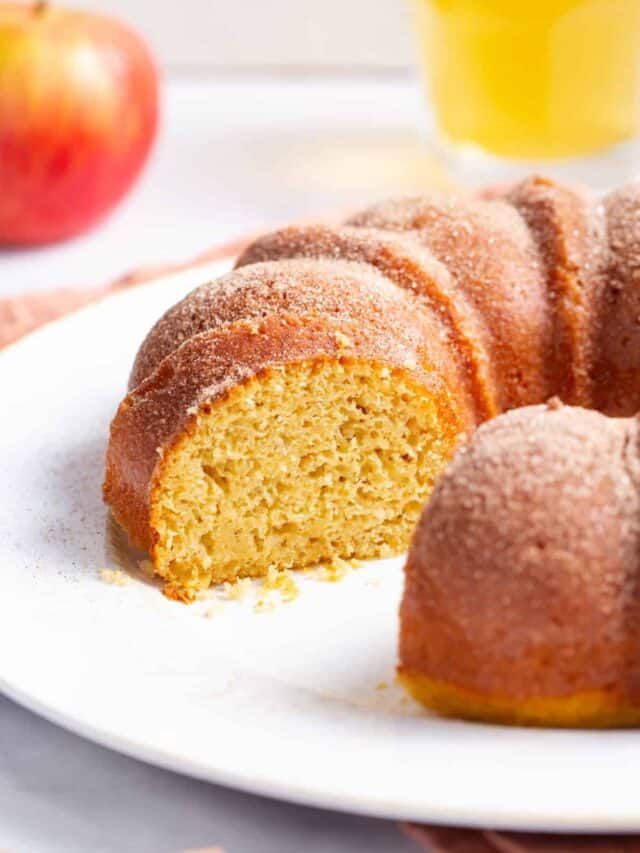 apple cider donut cake on platter