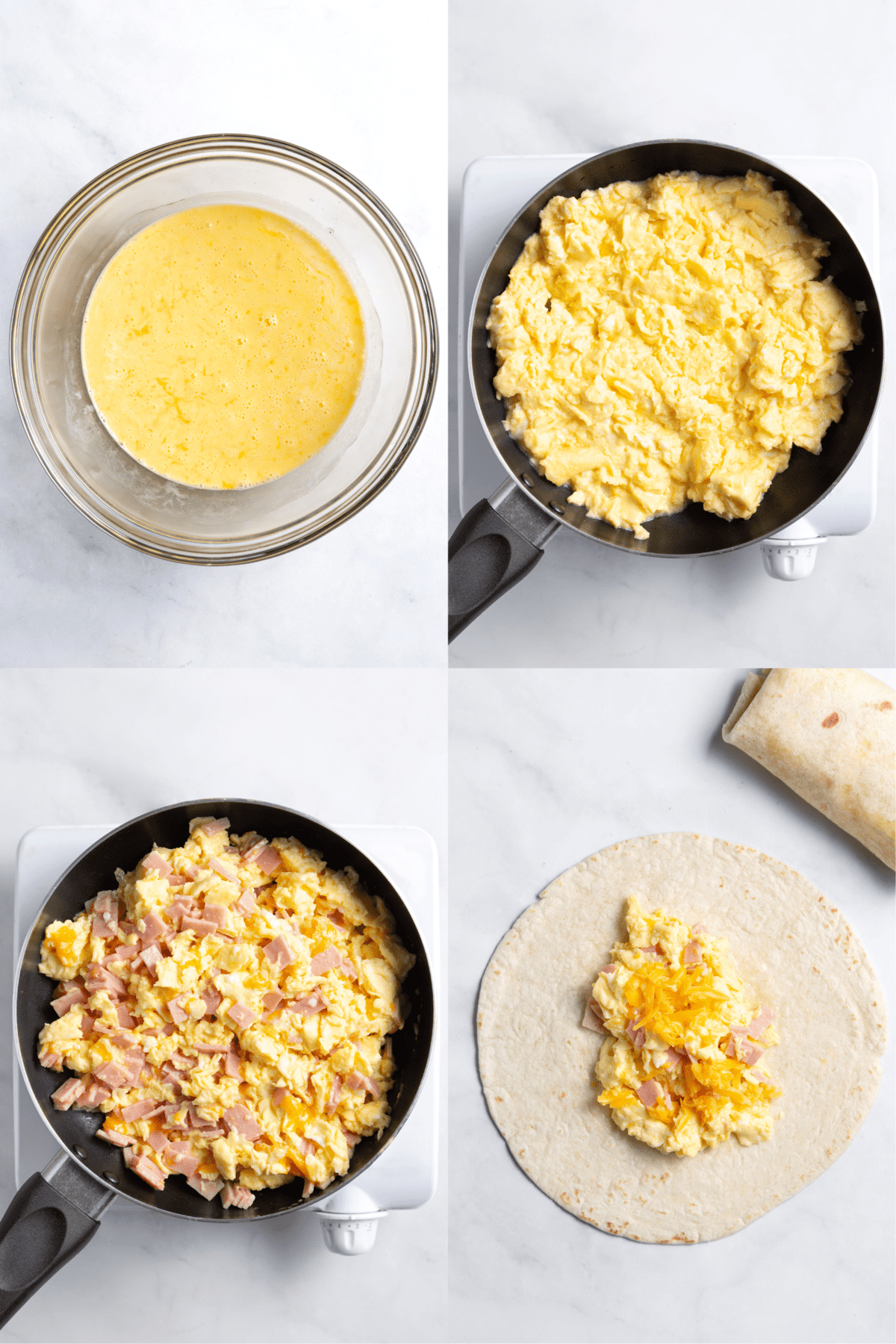 steps to make ham and cheese breakfast burritos