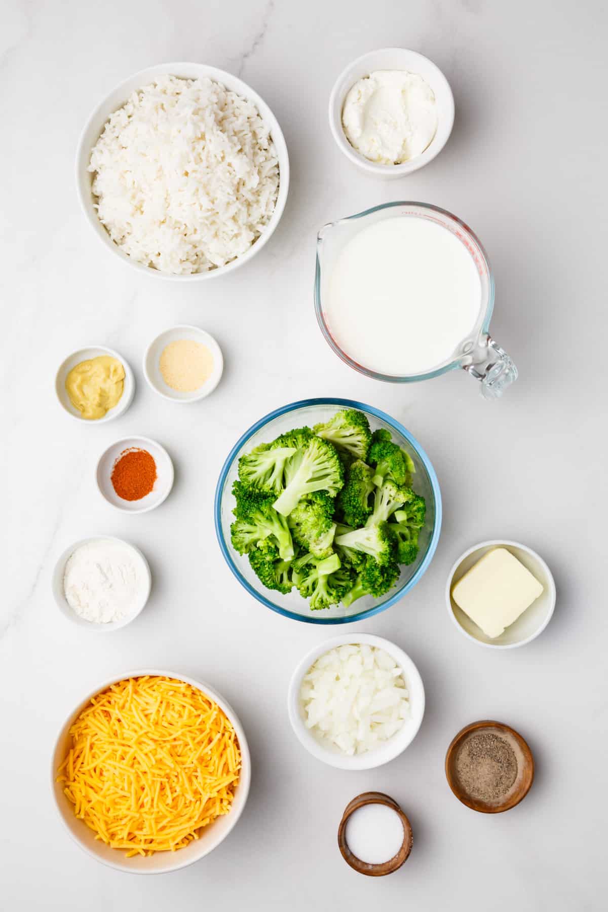 ingredients to make cheesy broccoli rice casserole.