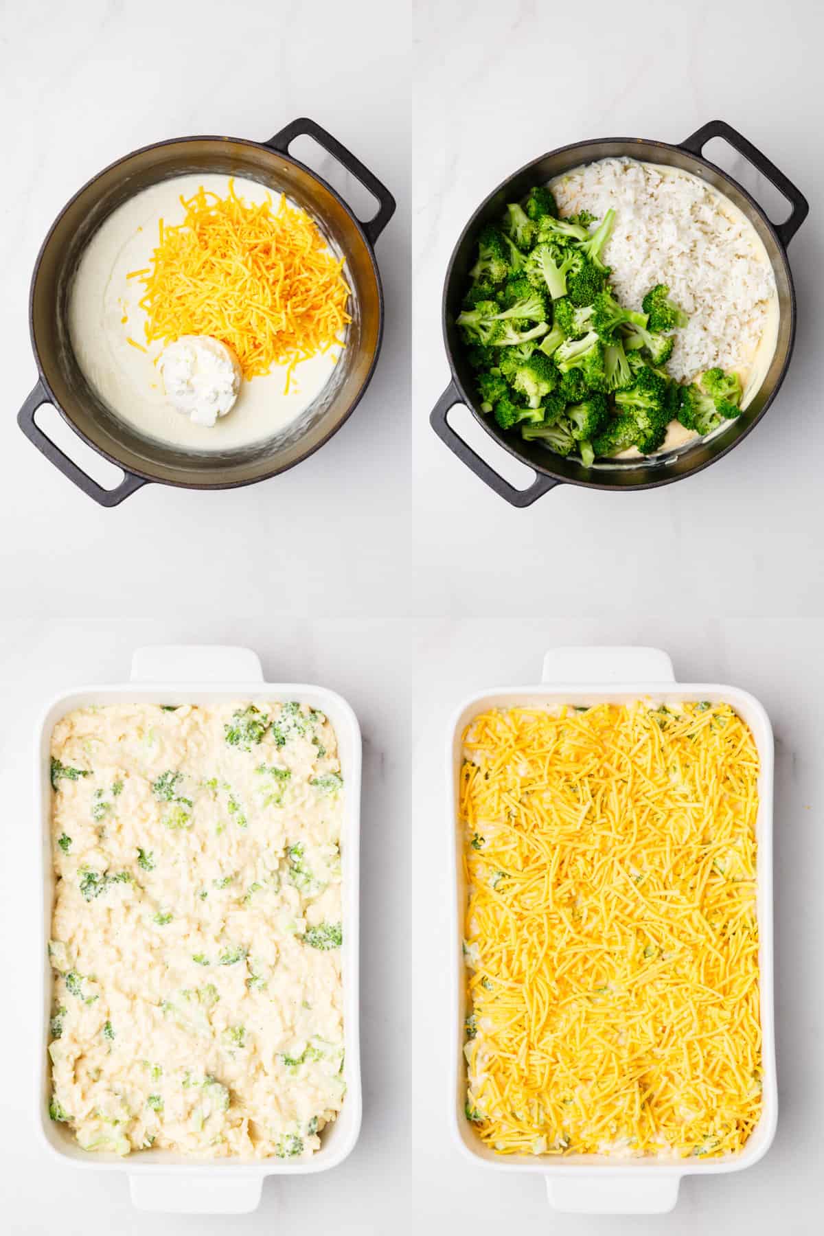 steps to make cheesy broccoli rice casserole.
