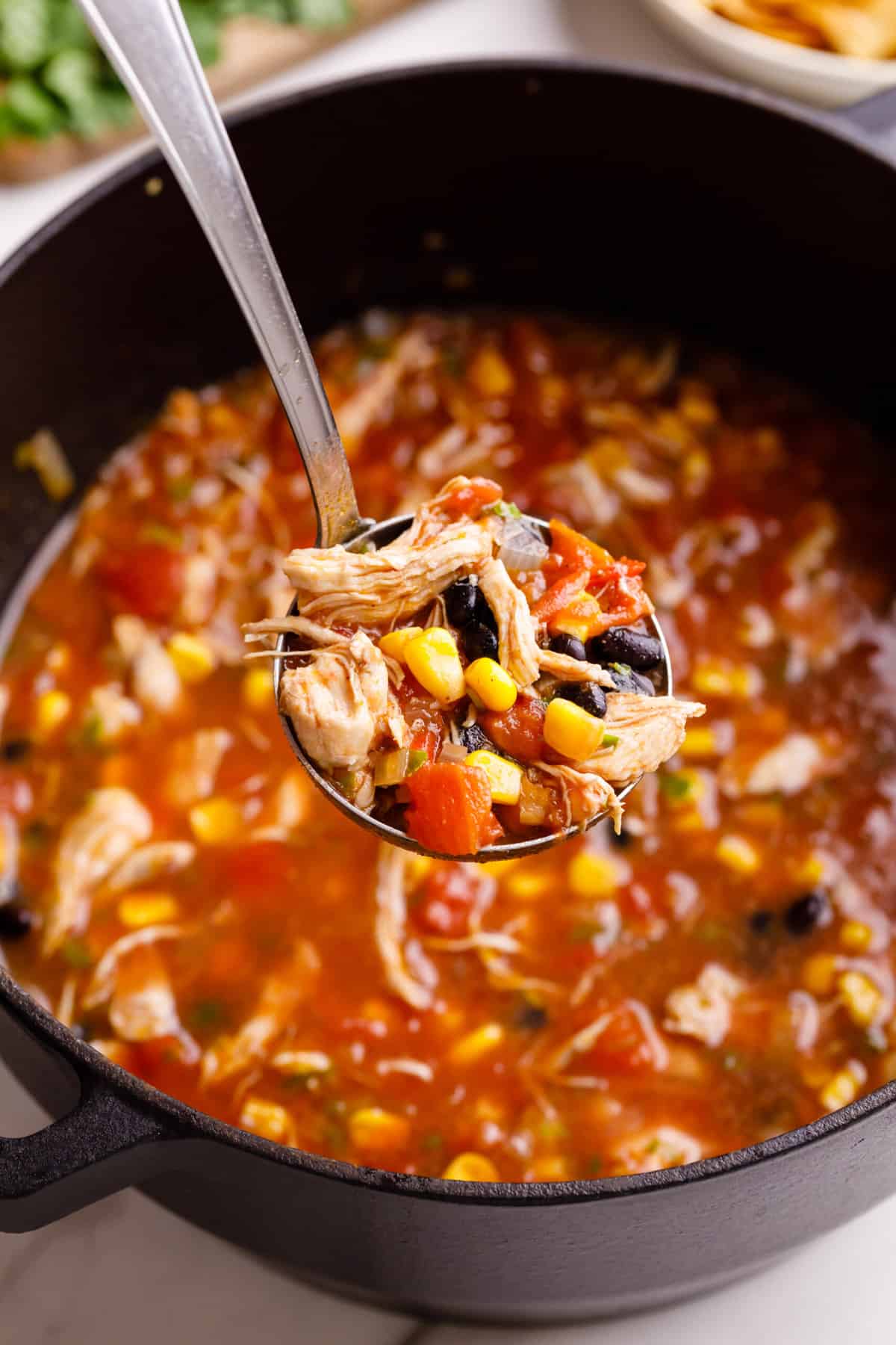 close up image of a ladle full of chicken tortilla soup