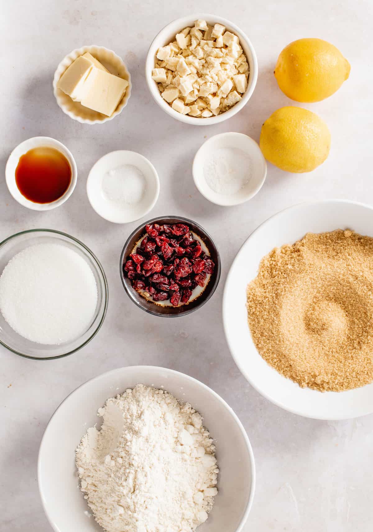 ingredients to make cranberry white chocolate chip cookies