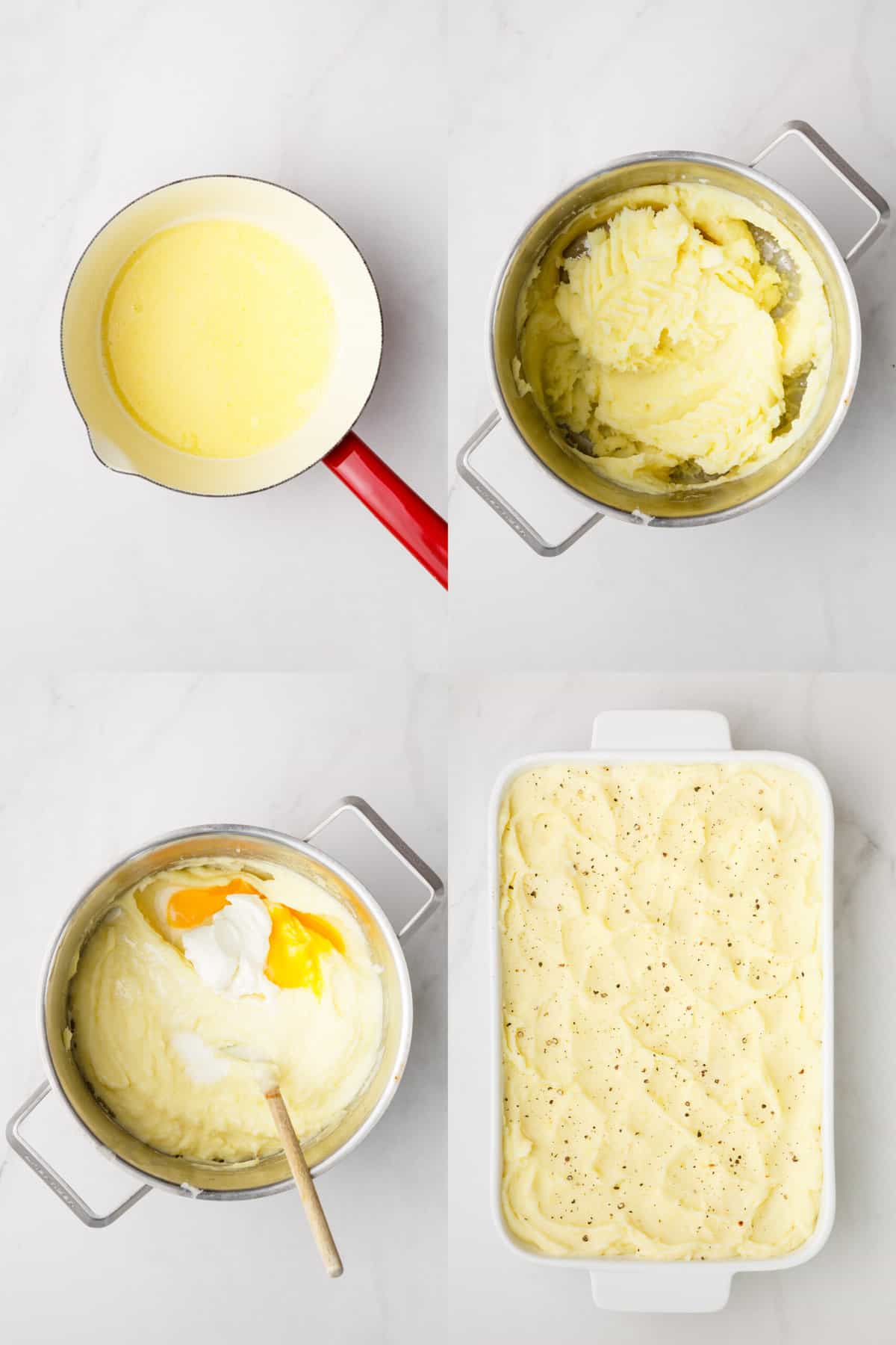 In-process steps for making the Shepherd's Pie topping.