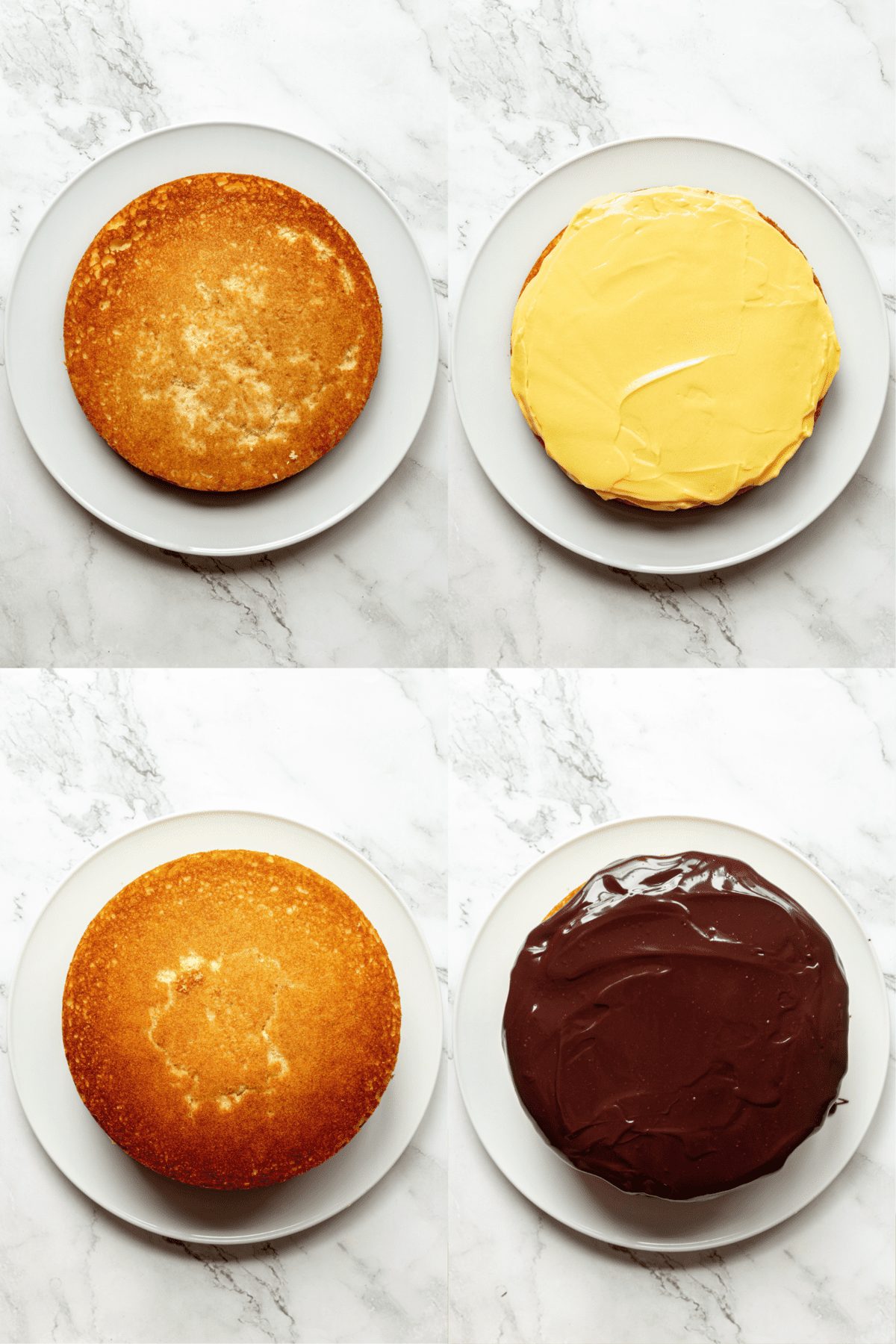 steps 5-8 to make boston cream pie cake; steps showing how to frost and assemble boston cream pie cake