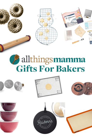 A collage of holiday gifts for bakers that reads "allthingsmamma gifts for bakers".