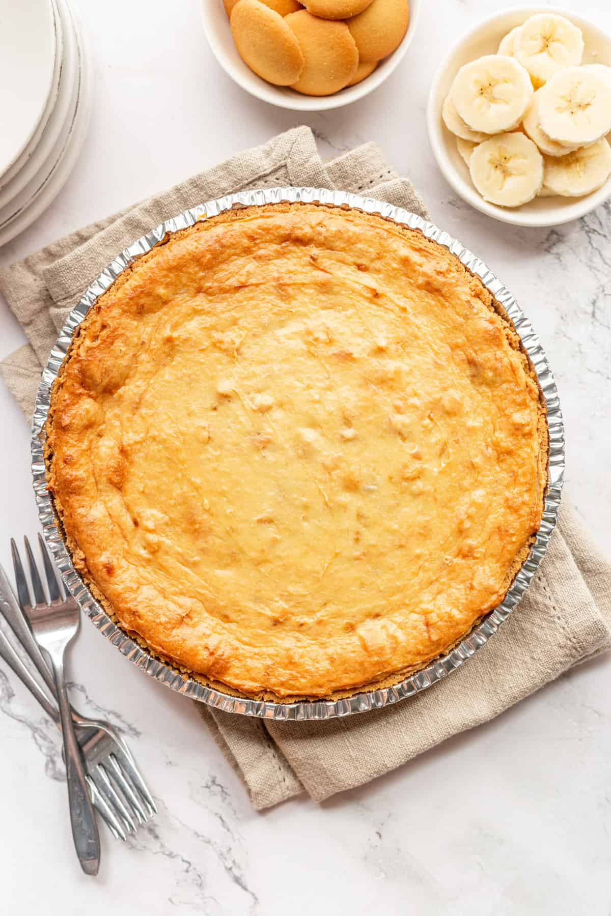 top down image of banana pudding served in a store-bought pie crust