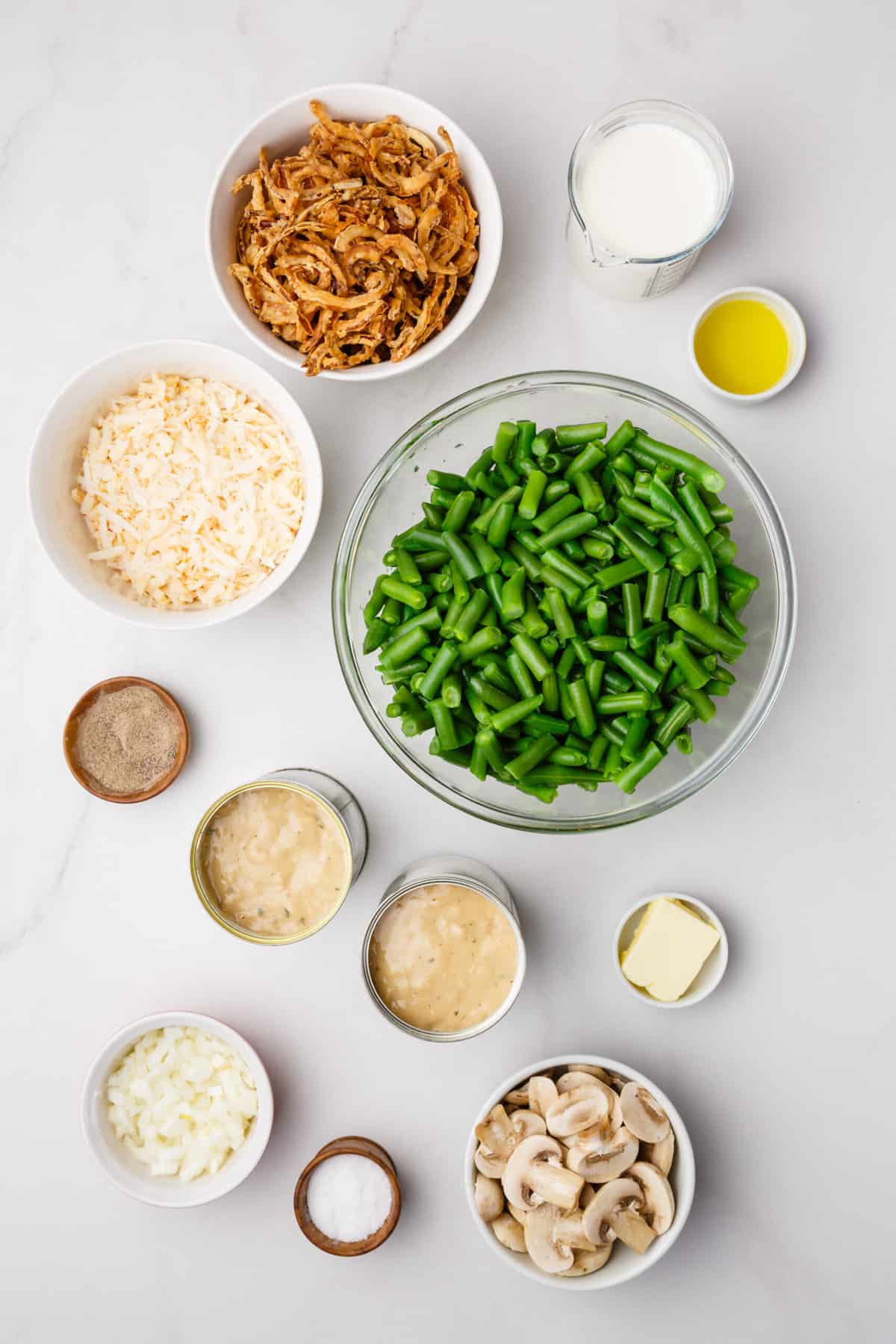ingredients to make mushroom and onion green bean casserole
