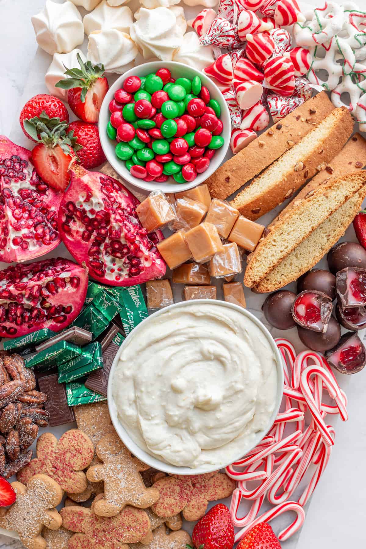close up image of christmas charcuterie dessert board.
