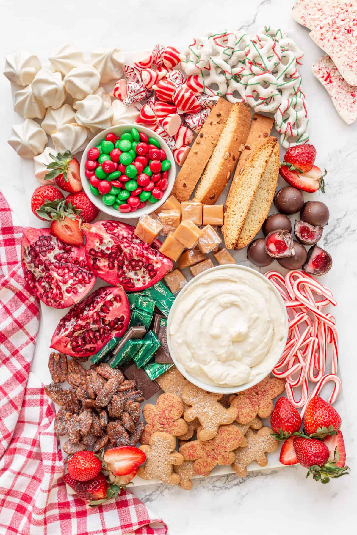 top down image of christmas dessert charcuterie board.