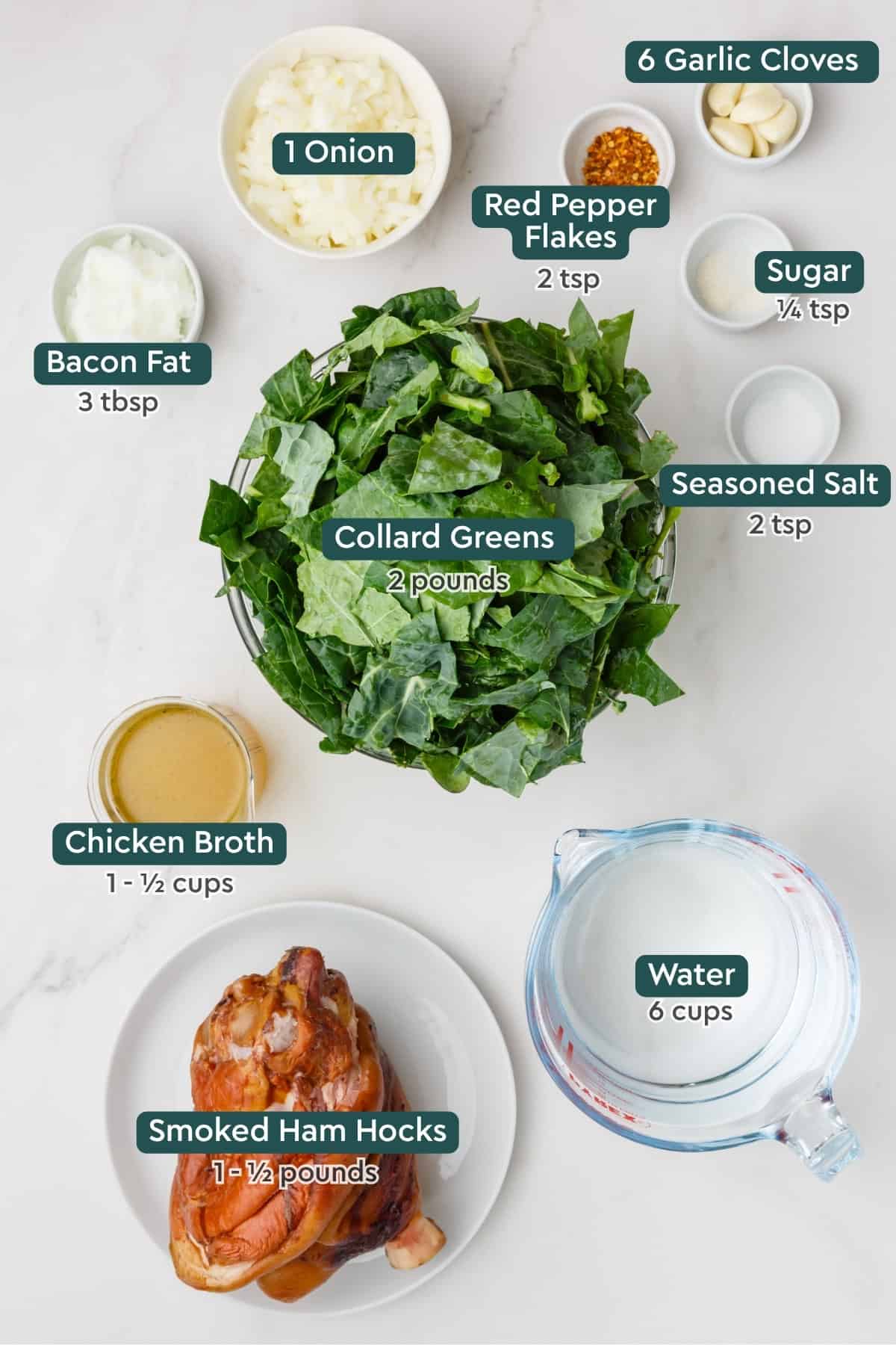 Ingredients for collard greens recipe on a table. 