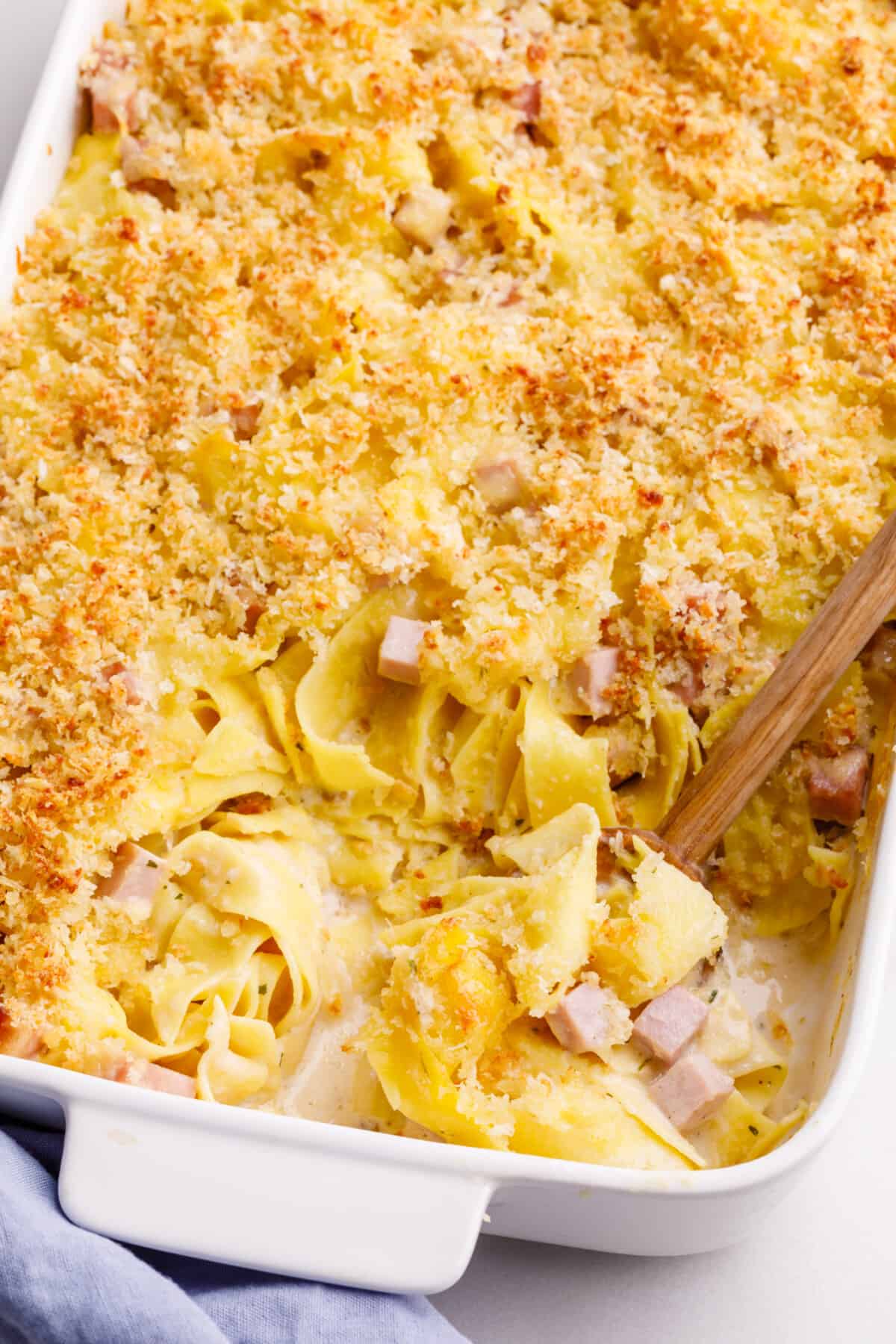 Leftover ham casserole in a baking dish.