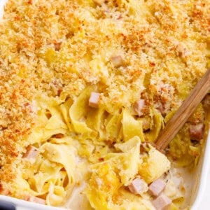 Leftover ham casserole in a baking dish.