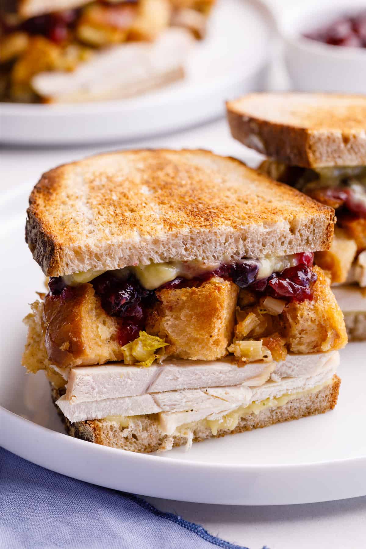 close up image of the cross section of the leftover turkey sandwich