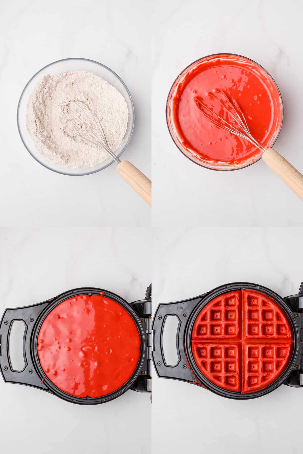 steps to make the red velvet waffles in a waffle iron