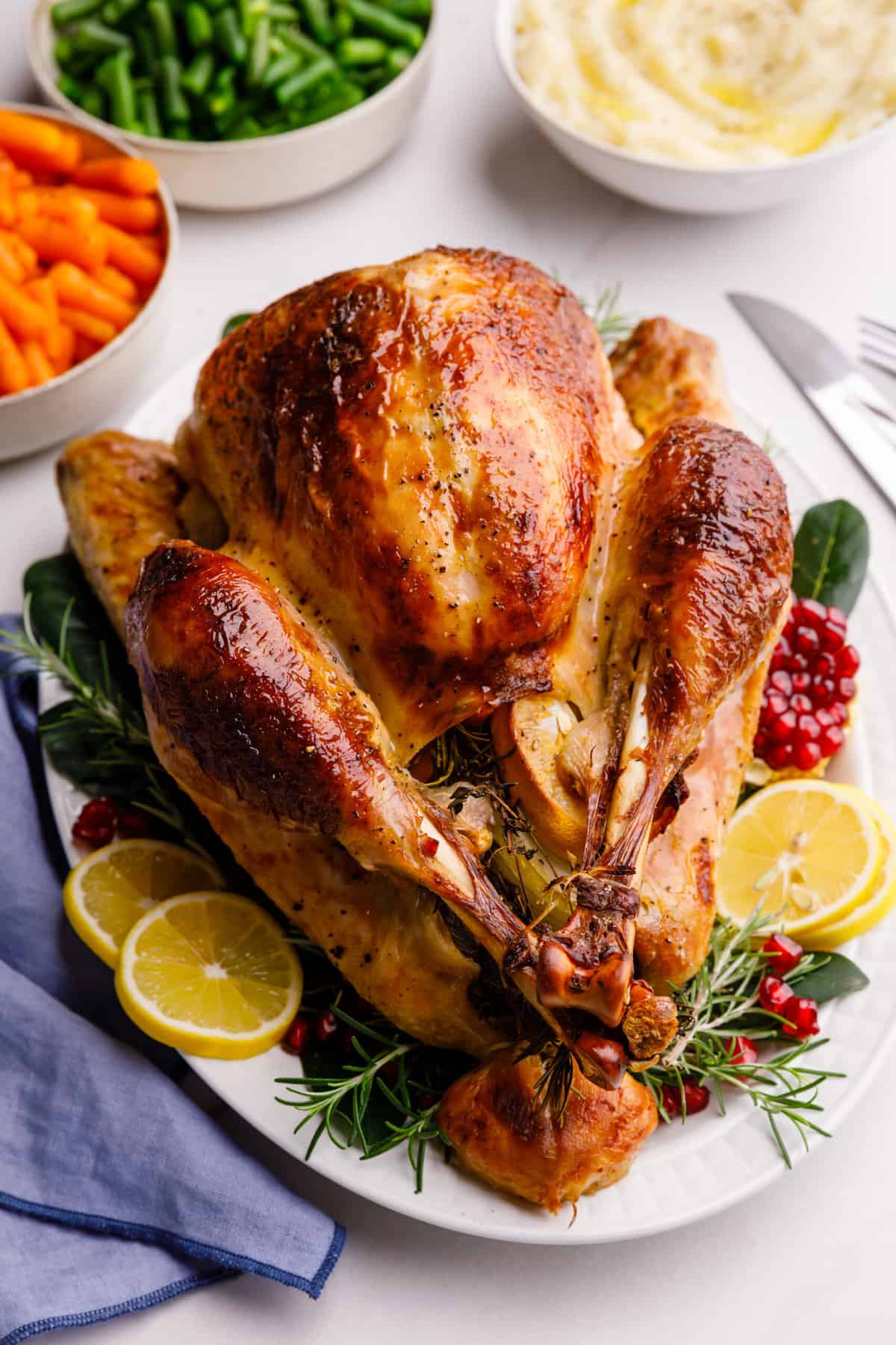 close up image of roasted turkey served on a white oval plate
