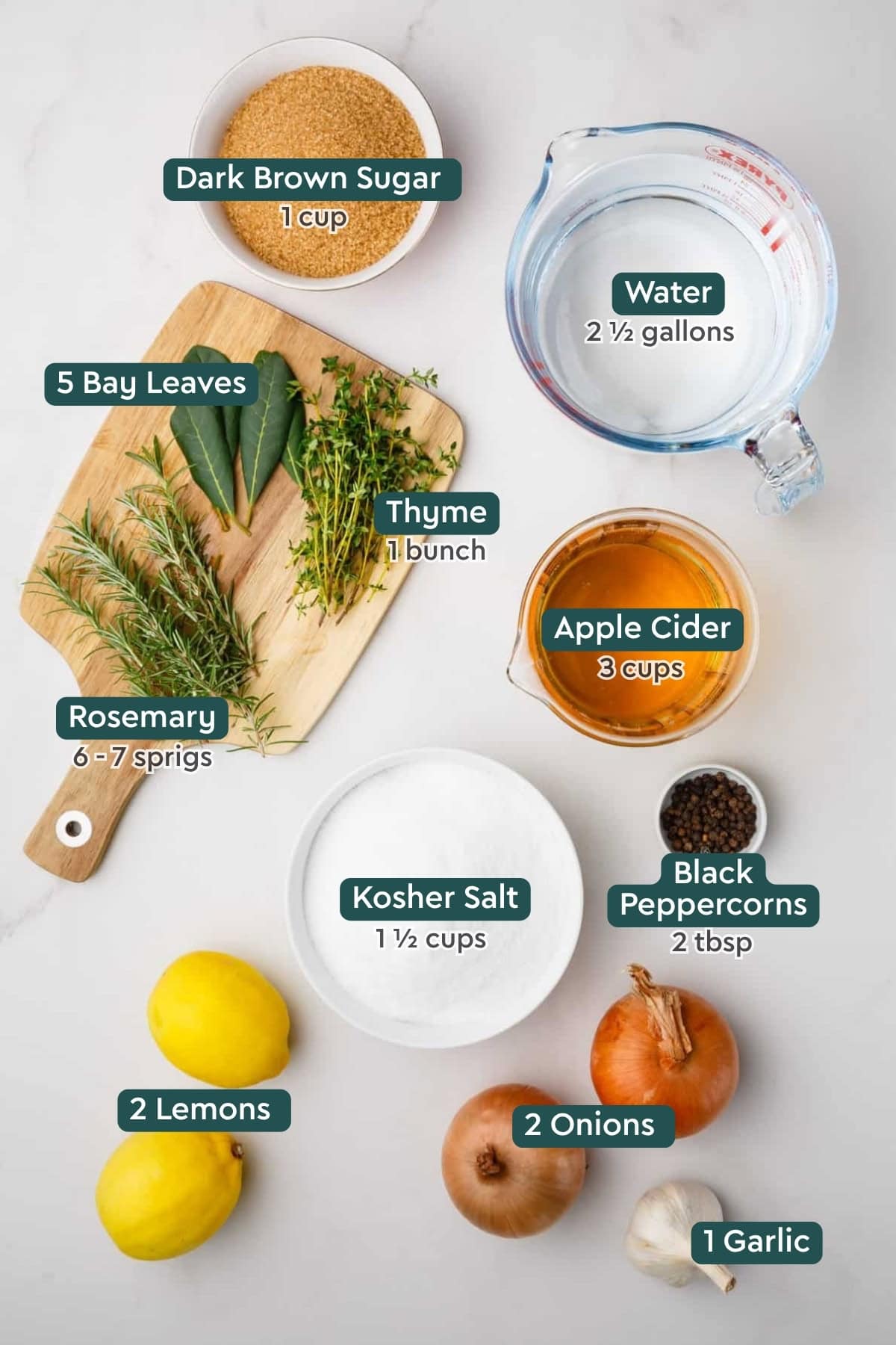 Ingredients for turkey brine, including brown sugar, water, herbs, apple cider, peppercorns, salt, onion, lemon, and garlic.