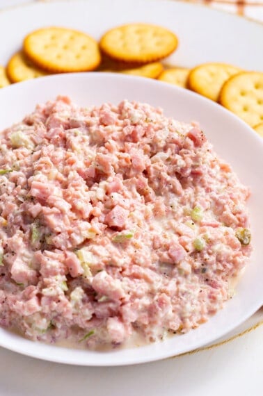 A bowl of ham salad surrounded by crackers.