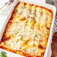 Cheese manicotti in a baking dish.