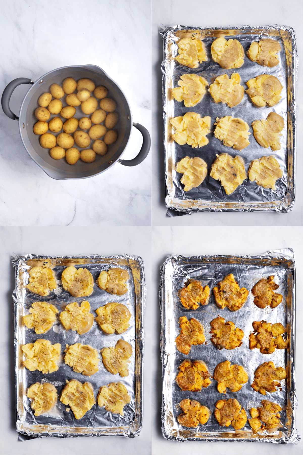 Smashed potatoes are shown on a foil-lined baking sheet with a pot of potatoes next to it.