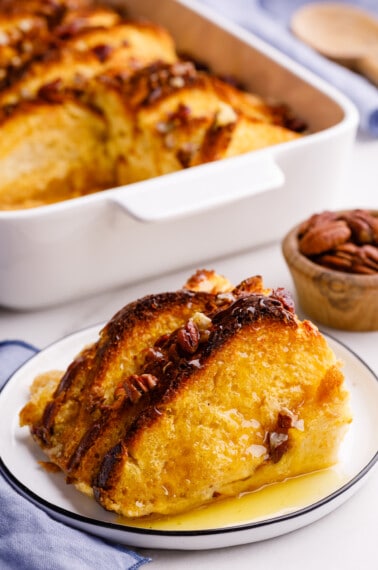A slice of Brioche French toast casserole on a plate.
