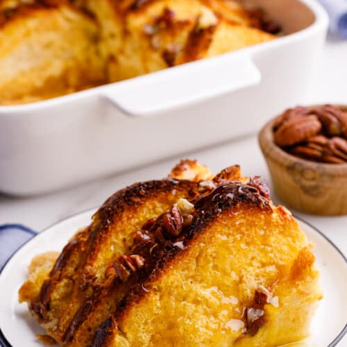 A slice of Brioche French toast casserole on a plate.