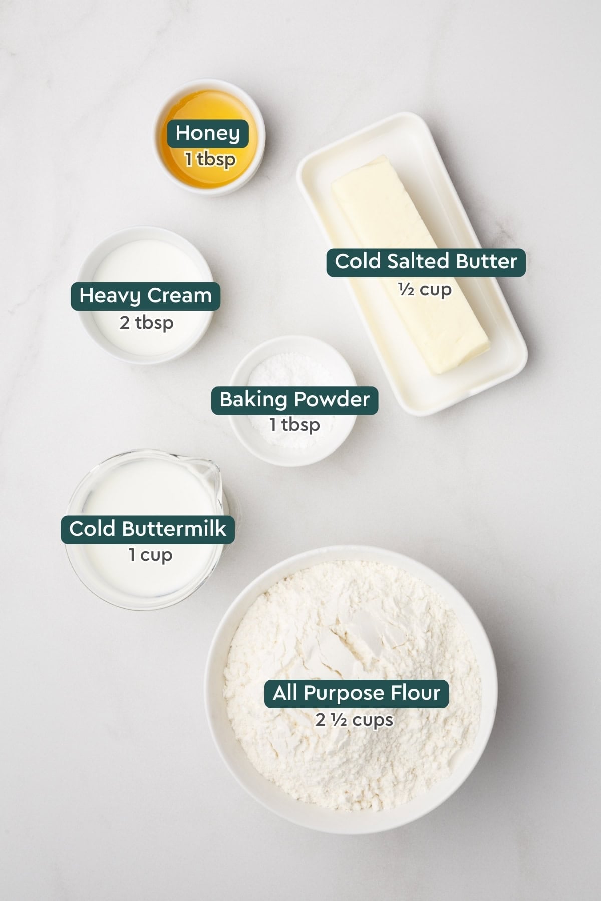 Ingredients for easy buttermilk biscuits, including honey, butter, cream, baking powder, buttermilk, flour.