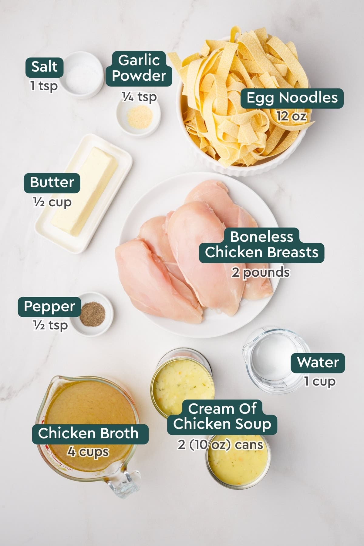 ingredients for chicken and noodles. 