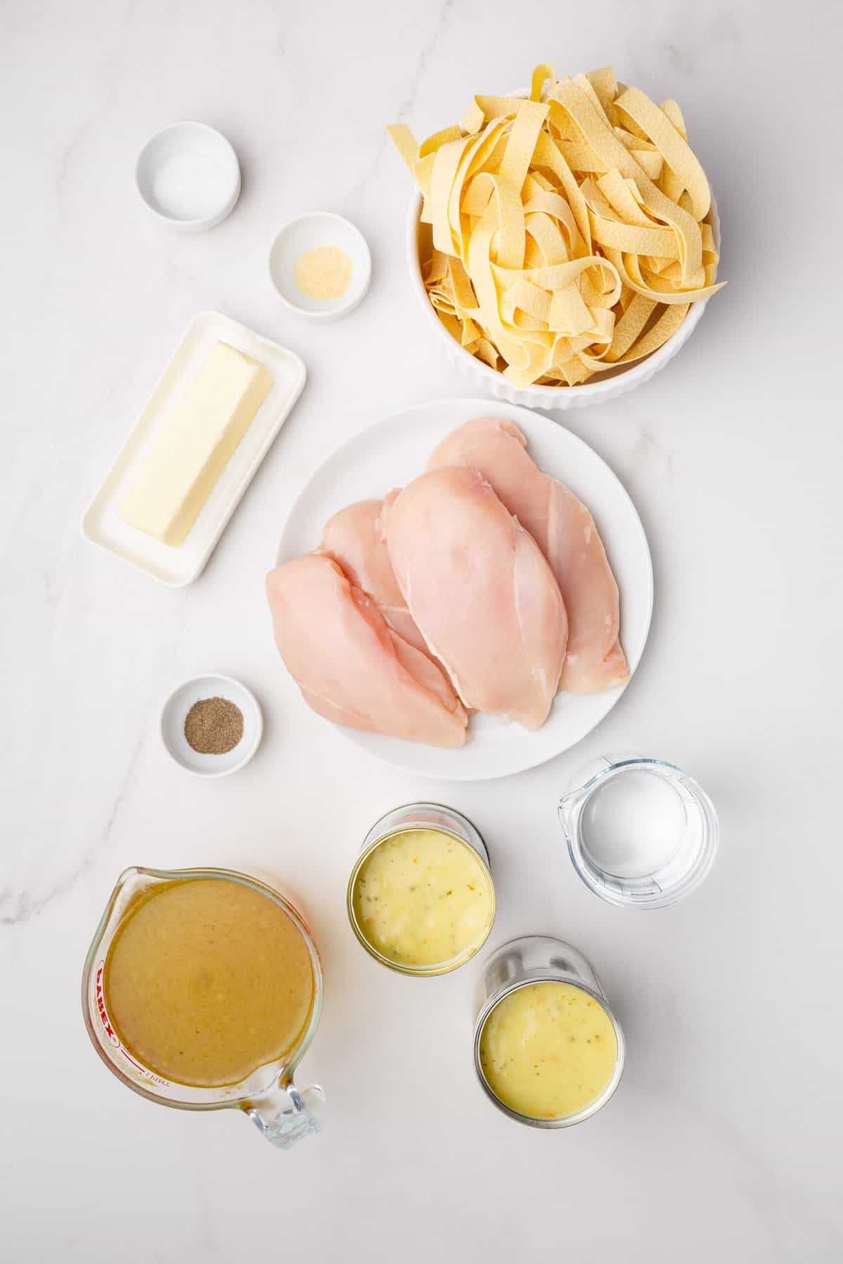 ingredients to make stovetop chicken and noodles.