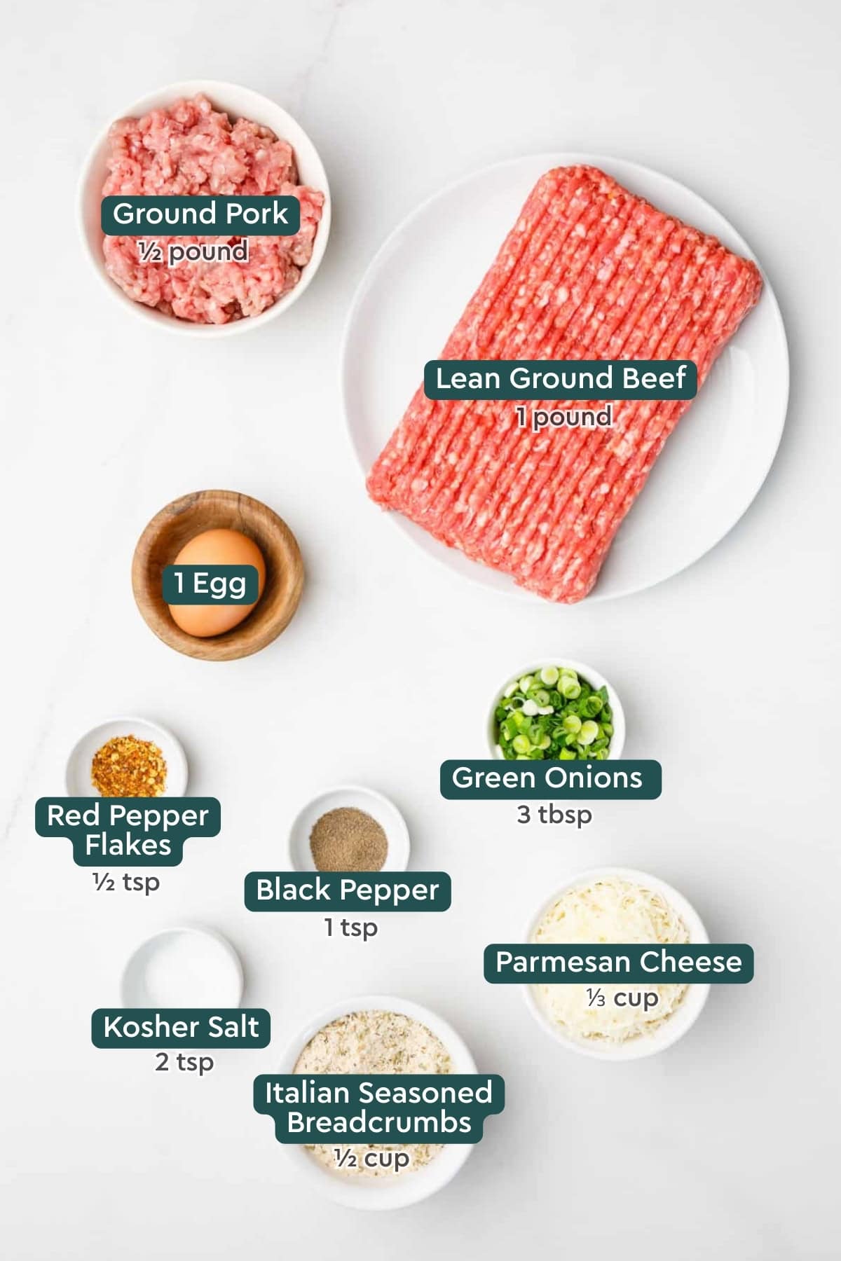 Ingredients for air fryer meatballs: pork, beef, egg, green onion, seasonings, Parmesan, and breadcrumbs.