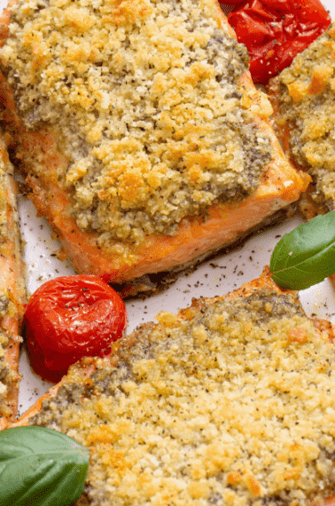 A plate of pesto salmon.