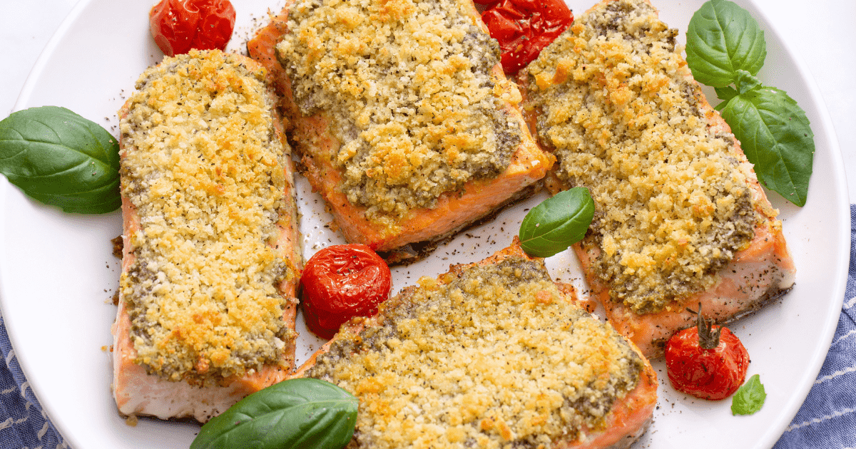 A plate of pesto salmon.