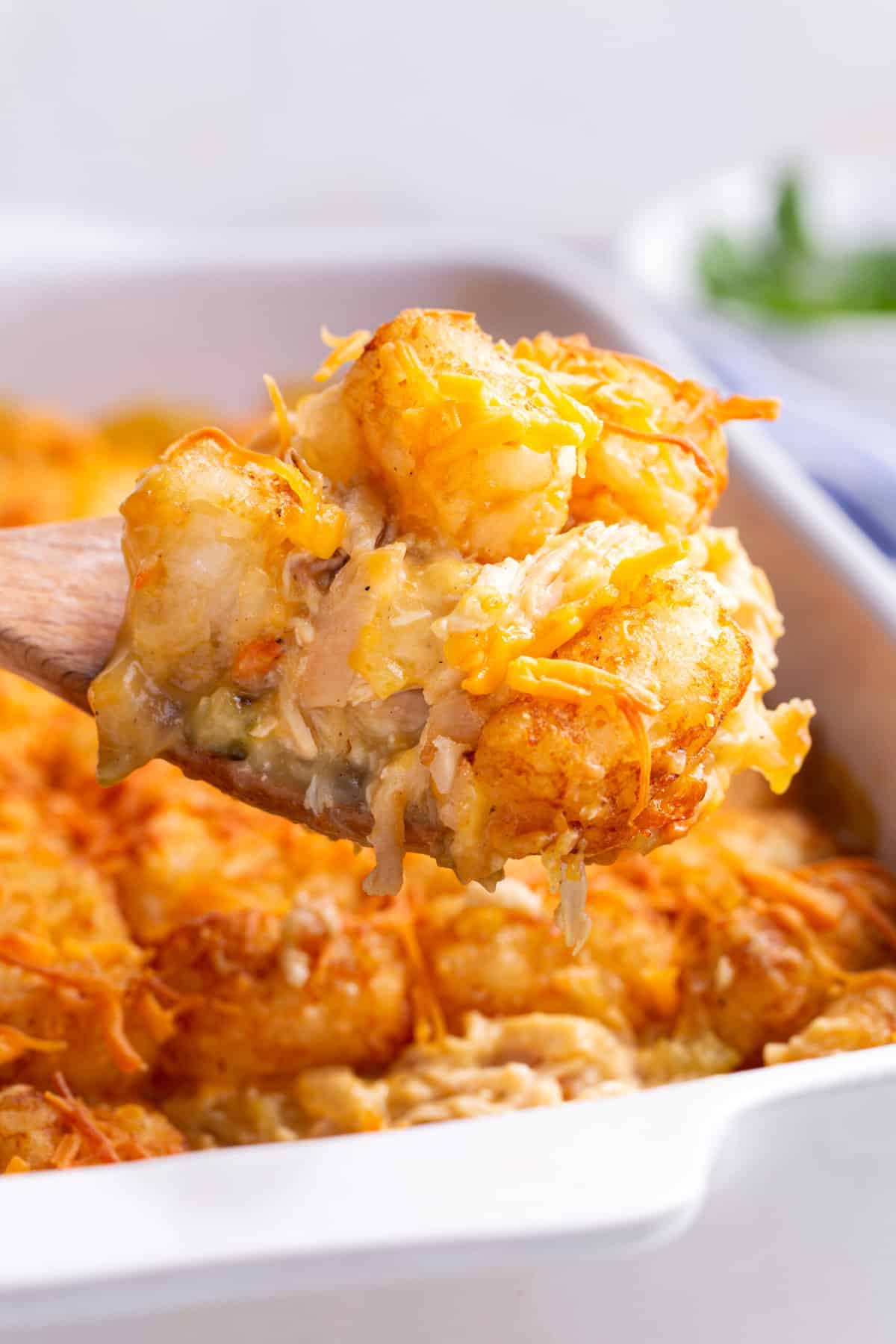 wooden spoonful of chicken tater tot casserole