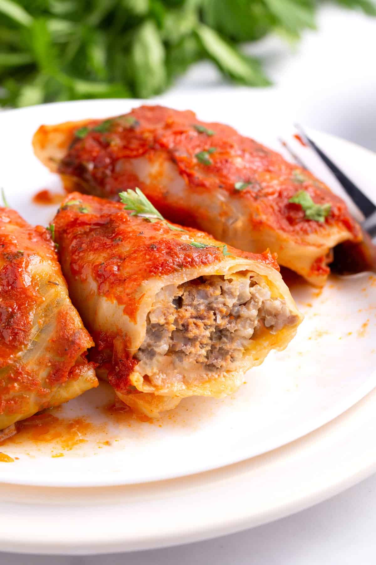 close up image of the cross section of a cabbage roll served on a white round plate.